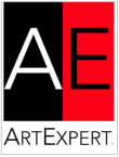 Logo with large white letters "A" on a black background and "E" on a red background, above the words "ARTEXPERT" in black capital letters.