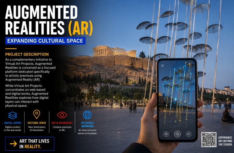 A person holds a smartphone displaying an AR scene with digital blue lines and yellow dots, overlaying a cityscape featuring the Acropolis in Athens, under a sky with modern umbrella sculptures. Text describes an augmented reality art project.