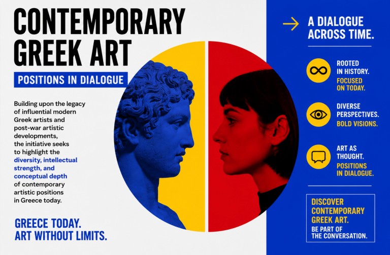 Promotional graphic for “Contemporary Greek Art” showing a blue statue head facing a red-tinted woman in profile, with text highlighting art diversity, depth, and dialogue across time. Yellow icons emphasize today’s focus and perspectives.