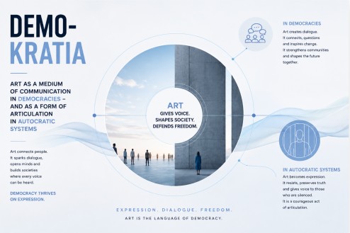 An infographic titled "DEMOKRATIA" contrasts art's role in democracies versus autocratic systems. The center text states, "Art gives voice, shapes society, defends freedom," surrounded by illustrative icons and descriptive explanations.