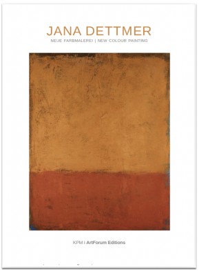 Abstract painting with an upper ochre section and a lower reddish-brown section, featured on a white poster with the title "Jana Dettmer: Neue Farbmalerei | New Colour Painting.