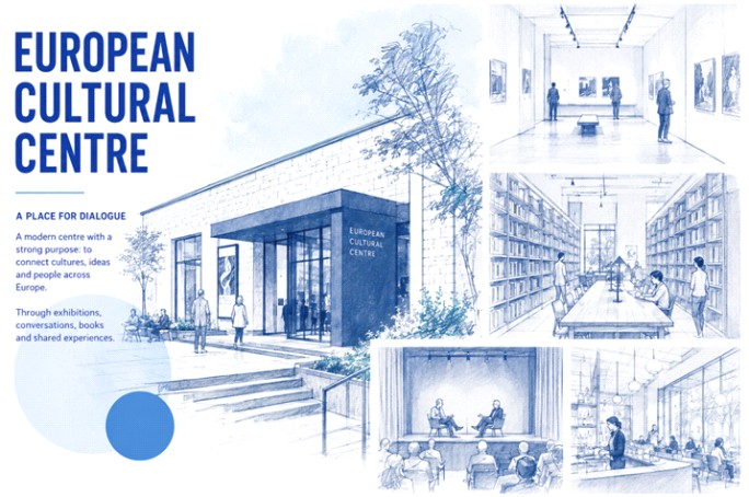 A blue-toned sketch shows the European Cultural Centre, featuring its entrance, an art gallery, a library, and a stage discussion. Text highlights its role in connecting cultures, ideas, and people through dialogue and shared experiences.