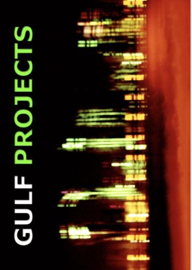 Blurry city lights reflect on water with the words "GULF PROJECTS" in bold white and green text along the left side of the image.