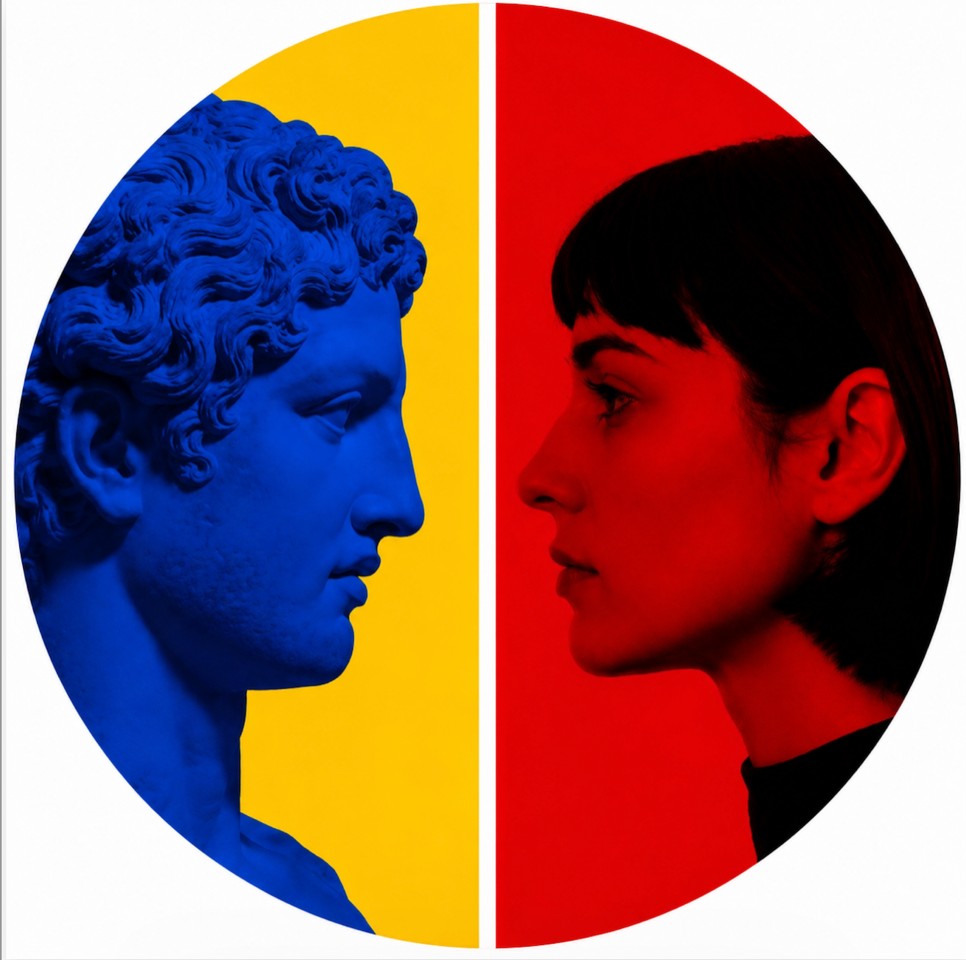 A split image shows a blue statue bust facing a red-lit woman against yellow and red backgrounds, separated by a white vertical line in a circular frame.