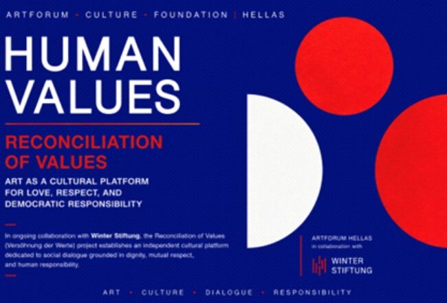 Blue poster with white and red geometric shapes. Text reads: “Human Values. Reconciliation of Values. Art as a cultural platform for love, respect, and democratic responsibility.” Logos and smaller text are at the bottom.