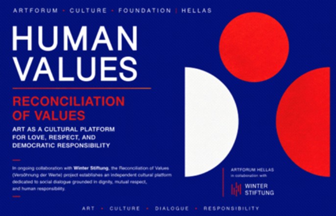 Blue poster with white and red geometric shapes. Text reads: “Human Values. Reconciliation of Values. Art as a cultural platform for love, respect, and democratic responsibility.” Logos and smaller text are at the bottom.