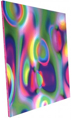A book with a vividly colorful, abstract cover featuring swirling, blurred shapes in pink, green, yellow, purple, and blue tones against a white background. The book is shown at an angle.