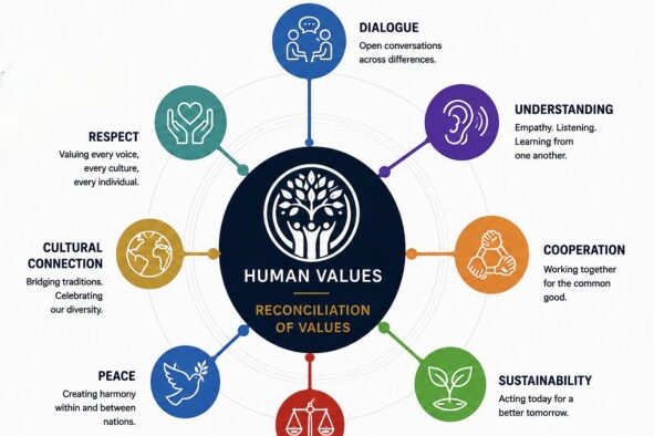 Infographic showing “Human Values” at the center, surrounded by icons and words: Dialogue, Understanding, Cooperation, Sustainability, Peace, Cultural Connection, and Respect, each with associated values and brief descriptions.