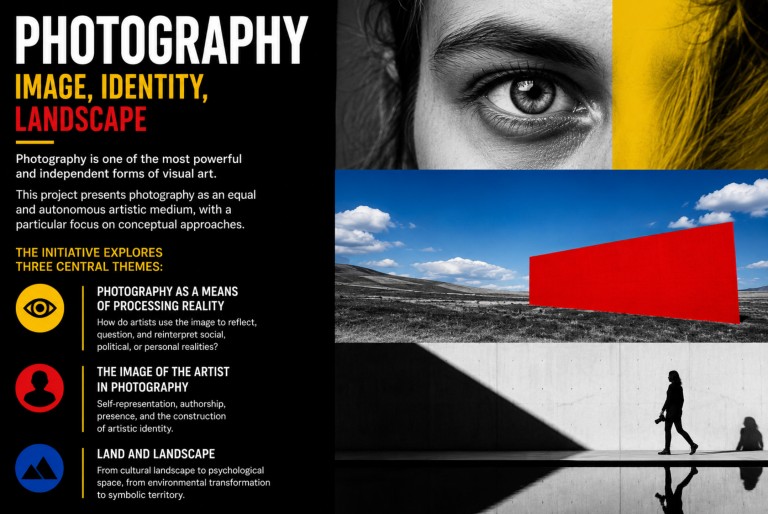 A promotional poster for a photography initiative features a close-up of an eye at the top, a modern landscape with a red wall, and three bullet points highlighting photography’s power, artist’s role, and landscape’s impact.