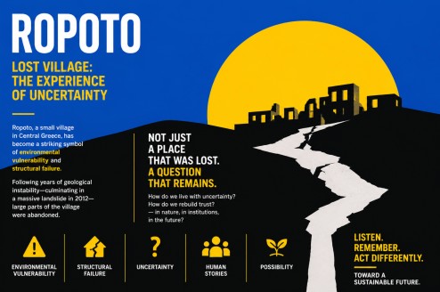 An infographic titled “ROPOTO: Lost Village—The Experience of Uncertainty” shows silhouettes of broken buildings on a hill under a yellow sun. Icons represent vulnerability, failure, uncertainty, human stories, and possibility.