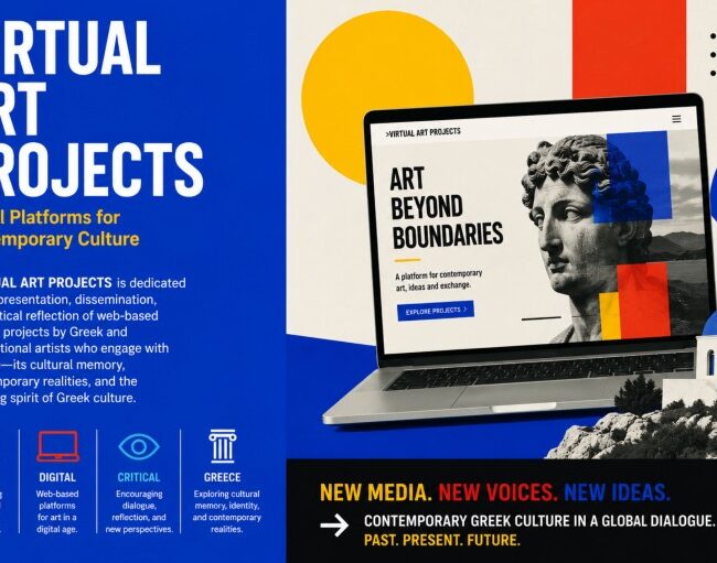 A promotional graphic for "Virtual Art Projects" shows a laptop with a website featuring a classical statue. Text highlights digital platforms for Greek contemporary culture, with icons for global, digital, and Greece themes.