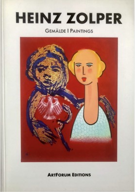 Book cover for "Heinz Zolper: Gemälde | Paintings" featuring abstract portraits of two figures—one dark and textured, the other pale with red cheeks—set against a red background. Published by ArtForum Editions.