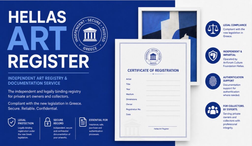A promotional graphic for Hellas Art Register, an independent art registry in Greece. It features a framed abstract artwork, a sample certificate of registration, and icons highlighting legal compliance, independence, and authentication.