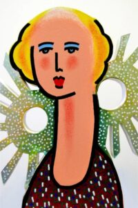A stylized painting of a person with short blond hair, elongated neck, pinkish skin, red lips, and blue eyes. Behind them are abstract green and white circular sunburst shapes on a white background.