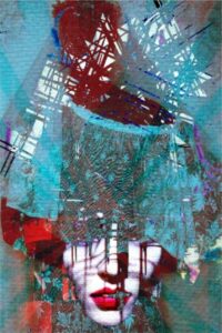 Abstract digital art of a woman's face with red lips and pale skin, partially obscured by layered geometric patterns, textured teal shapes, and intersecting lines, creating a surreal and fragmented effect.