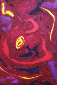 Abstract painting with swirling red and purple background, accented by curved yellow and red lines and shapes. The composition creates a sense of motion and depth, with contrasting bright and dark areas.