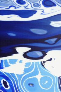 Abstract painting with wavy patterns in shades of blue and white, resembling reflections or ripples on water, with swirling and overlapping organic shapes throughout the composition.