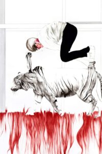 A person in a white hoodie and black pants balances on the back of a black-and-white tiger, holding its ear. Red, flame-like shapes rise from below, blending into the tiger's legs. The background is mostly white.