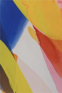 Abstract painting featuring bold, overlapping shapes in blue, yellow, orange, red, pink, and white, with soft color transitions and curved edges.