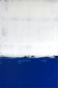 Abstract painting featuring a large white upper section blending into a deep blue lower section, separated by a thin, uneven black horizontal line with subtle texture and brushstrokes.