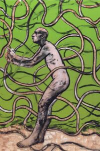 A nude, bald human figure stands among twisting, root-like vines against a bright green background, as if navigating or entangled in the organic forms surrounding them.