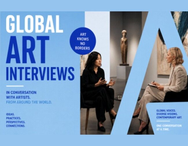 Two women sit facing each other, engaged in conversation in an art gallery. The text reads “Global Art Interviews” with phrases about worldwide artist conversations and the slogan “Art knows no borders.”.