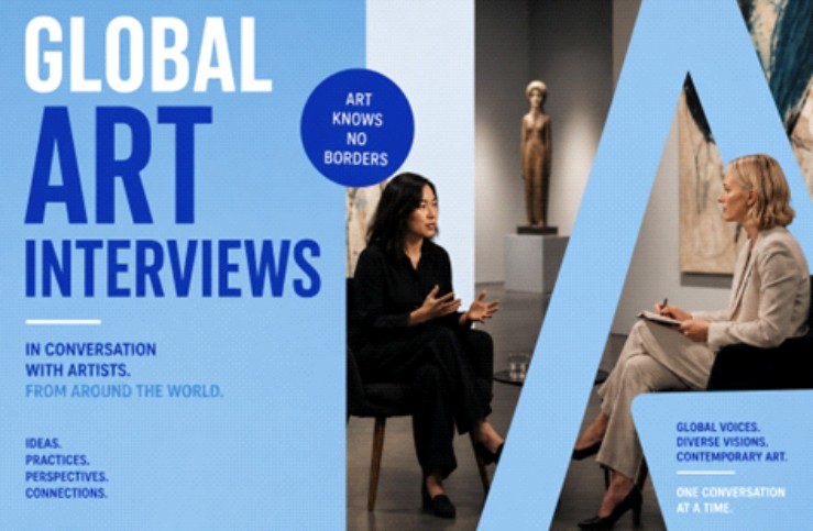 Two women sit facing each other in a modern art gallery, engaged in conversation. Text reads, "Global Art Interviews: In conversation with artists from around the world," with phrases about diverse voices and ideas.