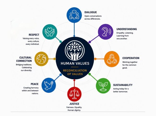 Infographic of human values showing icons and brief descriptions for dialogue, understanding, cooperation, sustainability, justice, peace, cultural connection, and respect, all connected around a central tree symbol.