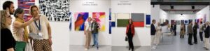 A collage shows people viewing and discussing colorful abstract art in a bright, modern gallery at Women Artists at Art Thessaloniki 2026, with artists’ names Corinna Ziebke and Jana Dettmer displayed above their paintings.