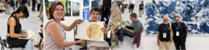 Four photos: a woman sketching, a woman and boy showing a painting, a man drawing near colorful art supplies, and two men posing in front of a large abstract blue and white painting in an art gallery setting.