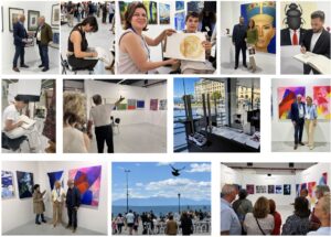 A collage of scenes from an art exhibition, featuring artists with their works, people viewing and discussing art, outdoor gatherings near water, and various colorful paintings and sculptures on display.
